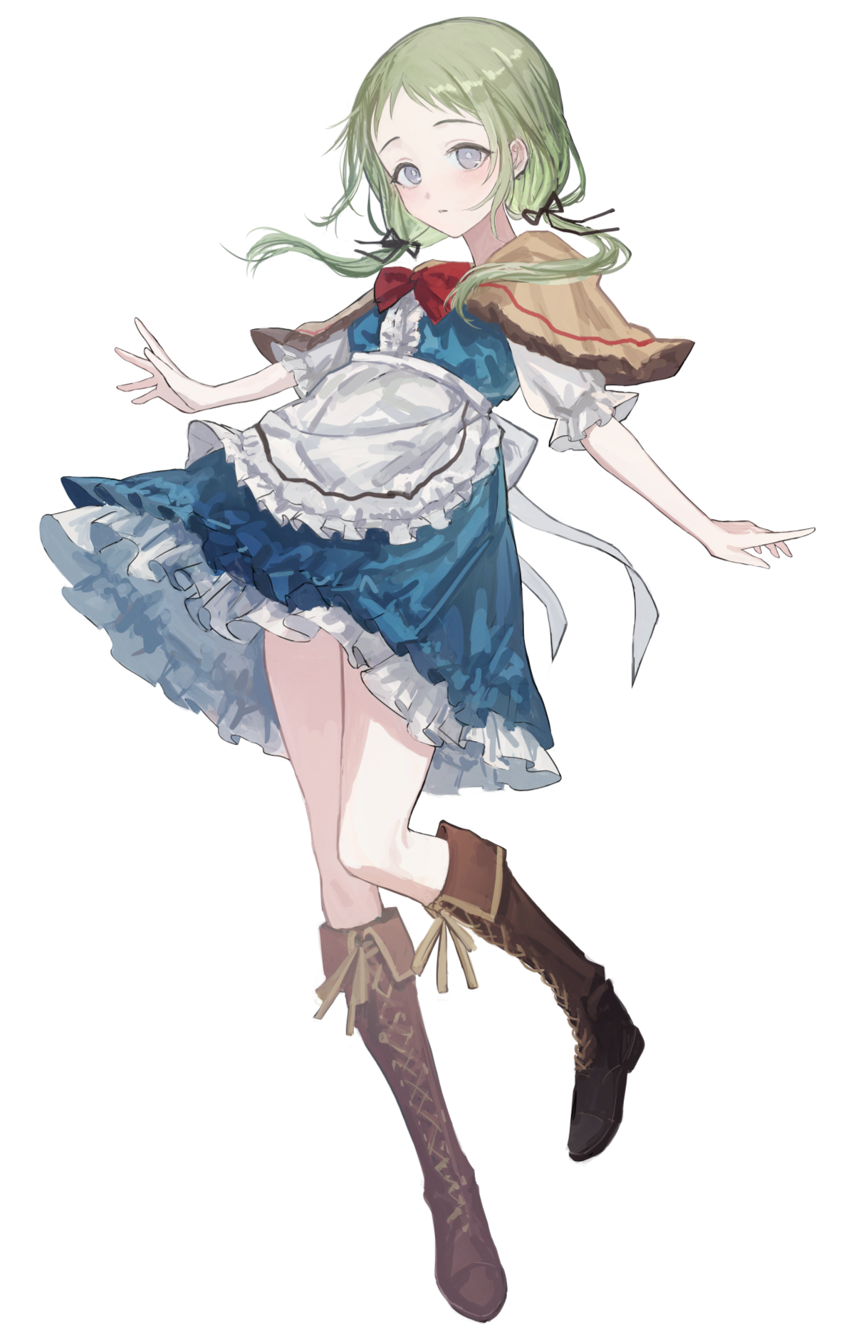 青い服と赤いリボンを身につけた栞莉の全身イラスト